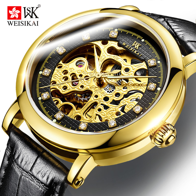 瑞士正品【威斯凯】男士手表商务真皮镶钻手表男全自动机械表腕表